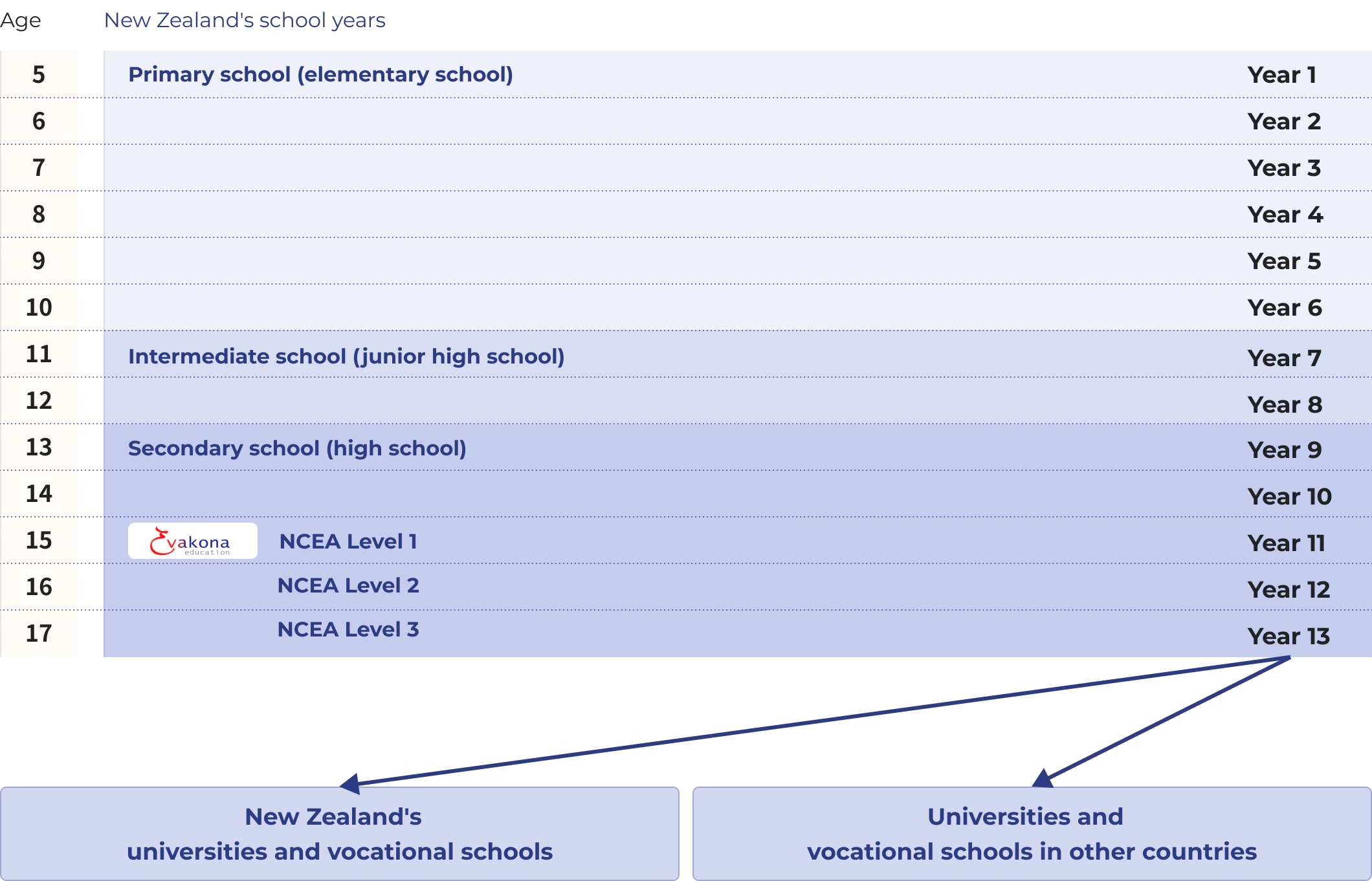 Comparison chart of New Zealand school years (ages 5-17) and Japanese school years, with pathways to universities and vocational schools.